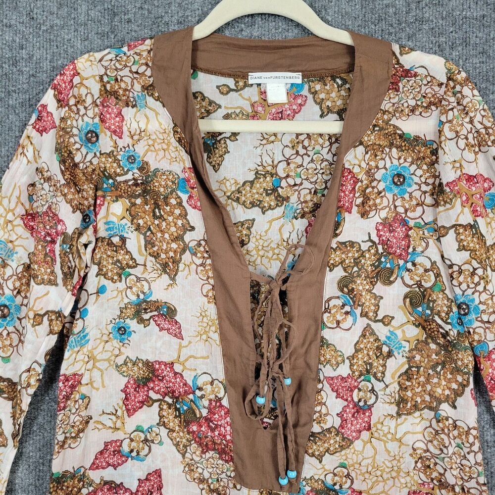 DIANE VON FURSTENBERG Floral Boho Bell Sleeve Peasant Lace Up Tunic Top ~SIZE XS - Picture 3 of 11